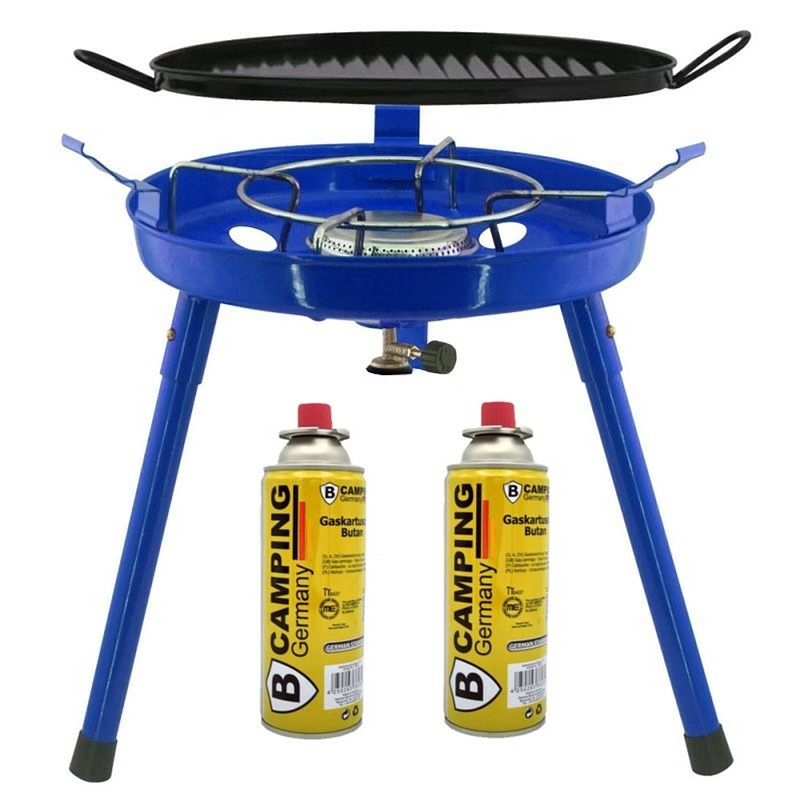 Foto van Camping gasgrill/grillplaat 3-in-1 - blauw - incl. 2x gas navulling 227 gram - kookbranders