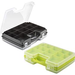 Foto van Forte plastics - 2x opberg vakjes doos/sorteerbox - 21-vaks kunststof - 28 x 21 x 6 cm - zwart/groen - opbergbox