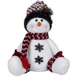 Foto van Pluche decoratie sneeuwpop - 36 cm - met witte muts - zittend - kerstman pop