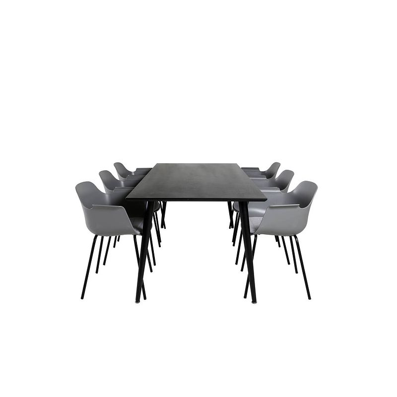 Foto van Dipp180x90blbl eethoek eetkamertafel zwart en 6 comfort eetkamerstal grijs.