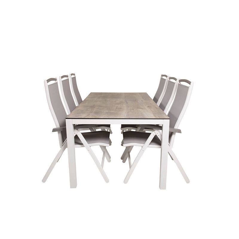 Foto van Llama tuinmeubelset tafel 100x205cm en 6 stoel 5pos albany wit, grijs, crèmekleur.