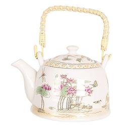 Foto van Haes deco - chinese theepot - porselein - roze vijverbloemen - theepot 800 ml - traditioneel theeservies, theekan