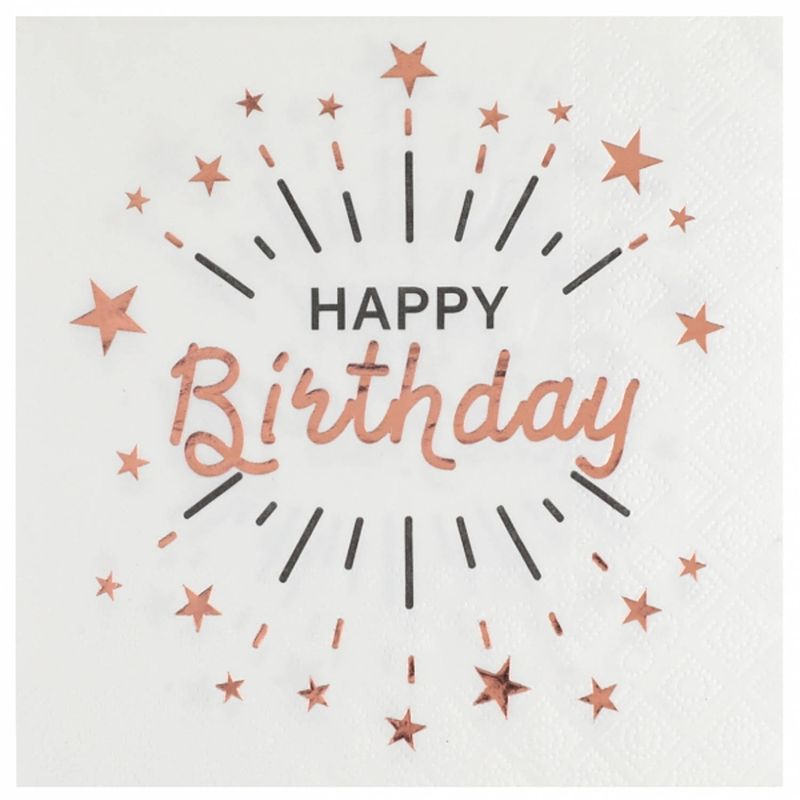 Foto van Verjaardag feest servetten happy birthday - 10x - rose goud - 33 x 33 cm - feestservetten