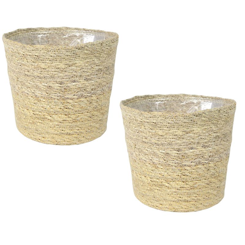 Foto van Set van 2x stuks plantenpot/bloempot van jute/zeegras diameter 26 cm en hoogte 23 cm creme beige - plantenpotten