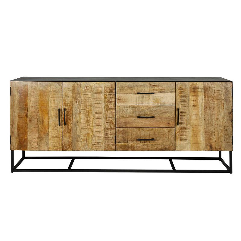 Foto van Hoyz - dressoir metal wood - massief mangohout - antiek finish - 190x40x80