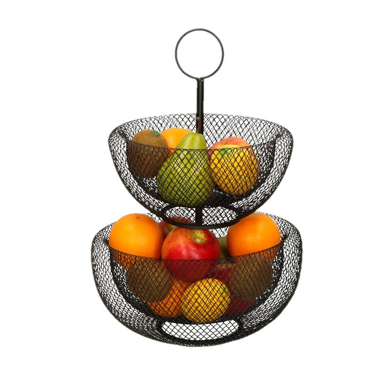 Foto van Dubbele etagere fruitschaal/fruitmand rond zwart metaal 30 x 43 cm - fruitschalen