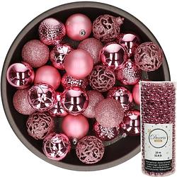 Foto van Kerstballen 37x stuks 6 cm incl. kralenslinger 10 m roze kunststof - kerstbal