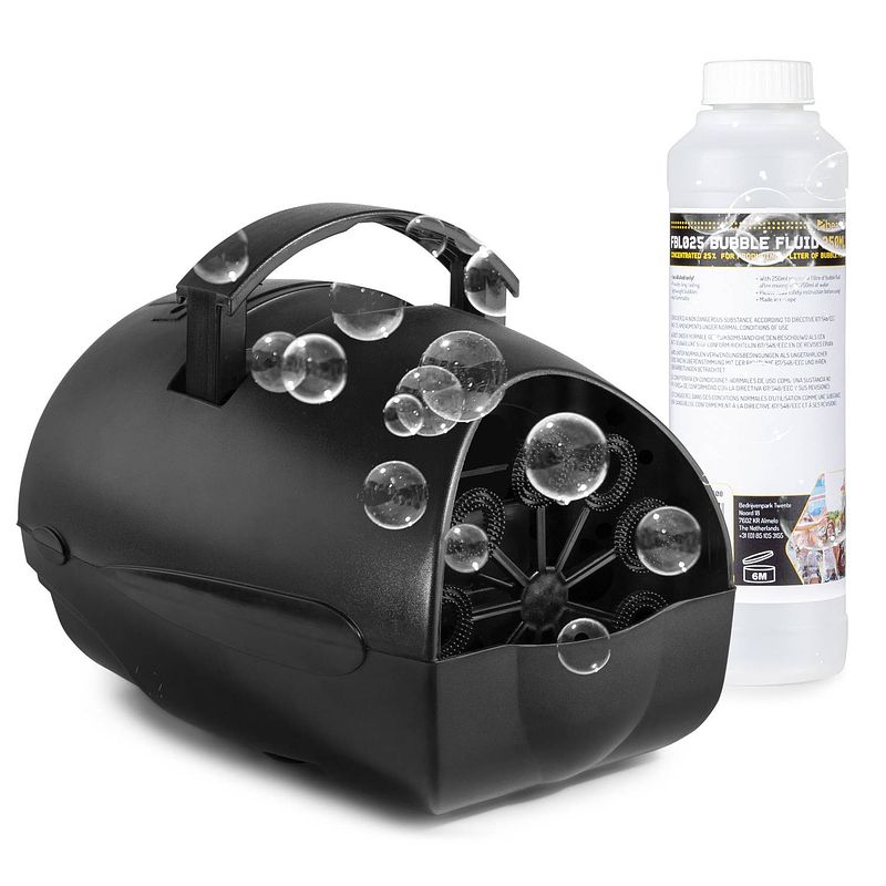 Foto van Bellenblaasmachine - beamz b100 bubble machine + 250ml bellenblaasvloeistof concentraat