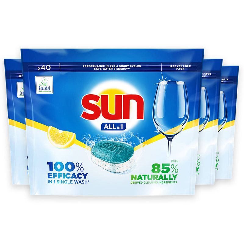 Foto van Sun - all-in one lemon - 100% oplosbare tabletfolie - 4 x 40 stuks -160 vaatwastabletten - voordeelverpakking
