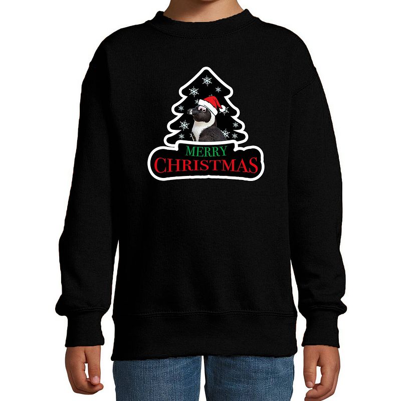 Foto van Dieren kersttrui pinguin zwart kinderen - foute pinguins kerstsweater 9-11 jaar (134/146) - kerst truien kind