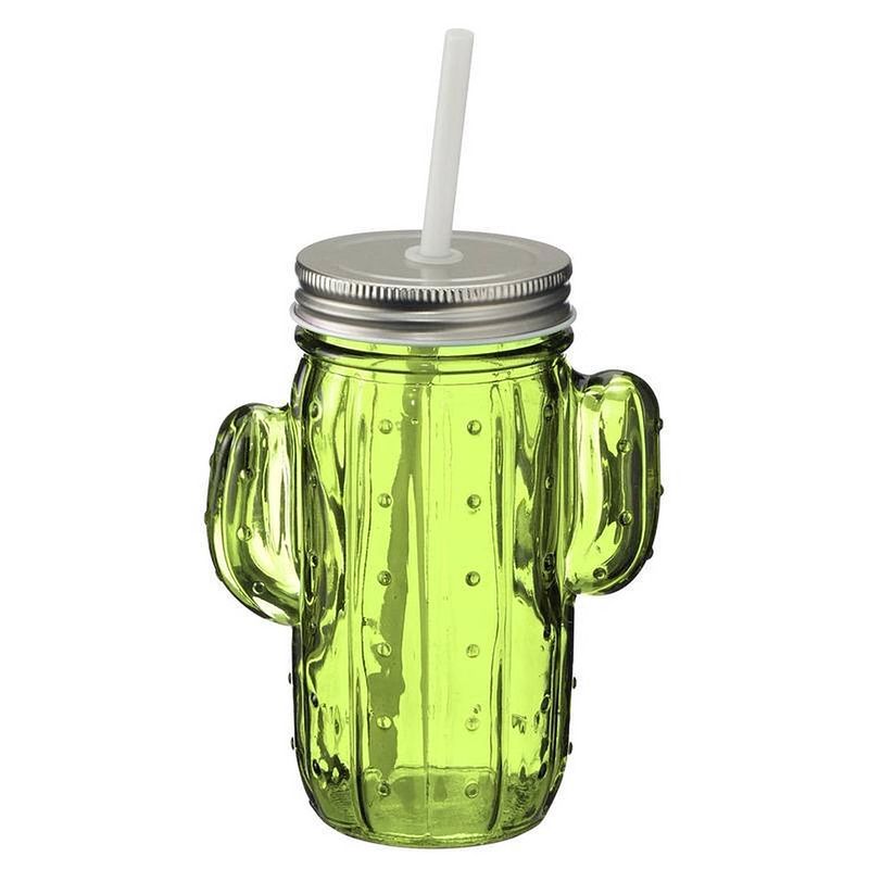 Foto van Glazen cactus drinkglas met deksel en rietje 350ml lichtgroen - 2 stuks