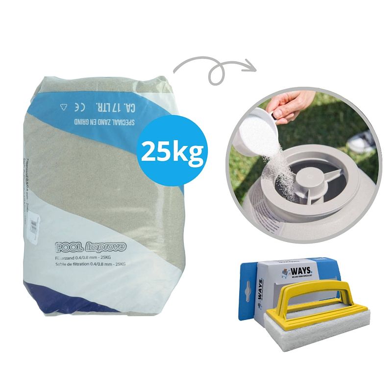 Foto van Pool improve - filterzand voor filterpomp - 25 kilo & ways scrubborstel