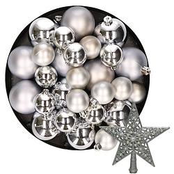 Foto van Kerstversiering kunststof kerstballen met piek zilver 6-8-10 cm pakket van 45x stuks - kerstbal