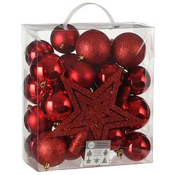 Foto van 39x stuks kunststof kerstballen en kerstornamenten met ster piek rood mix - kerstbal