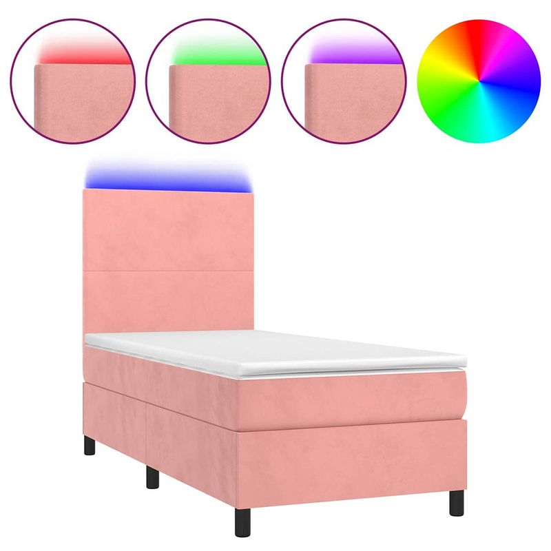 Foto van The living store bed - led - pocketvering - fluweel - roze - 203x80x118/128cm