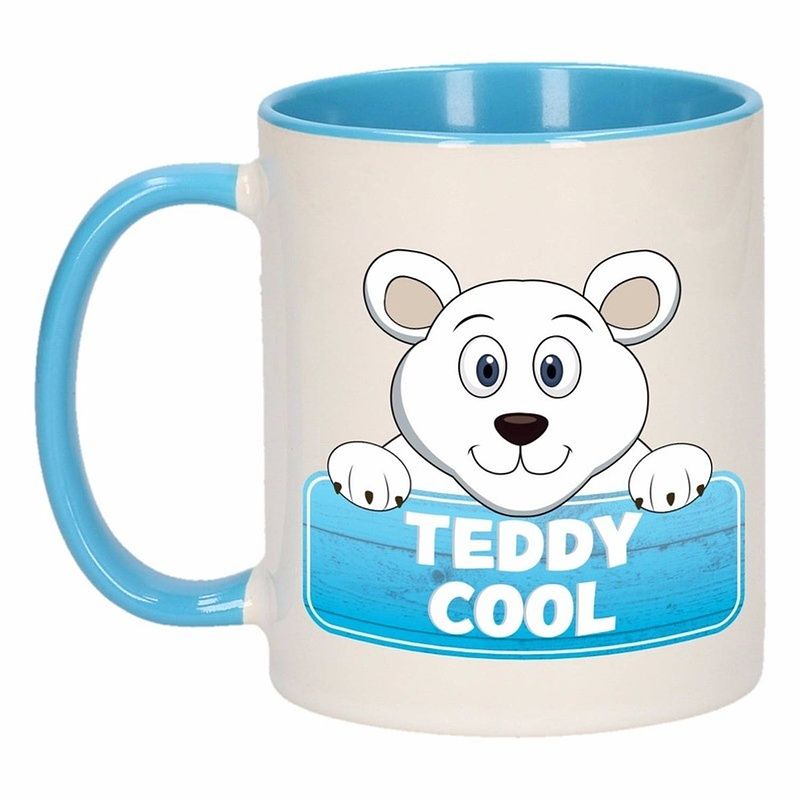 Foto van 1x teddy cool beker / mok - blauw met wit - 300 ml keramiek - ijsberen bekers