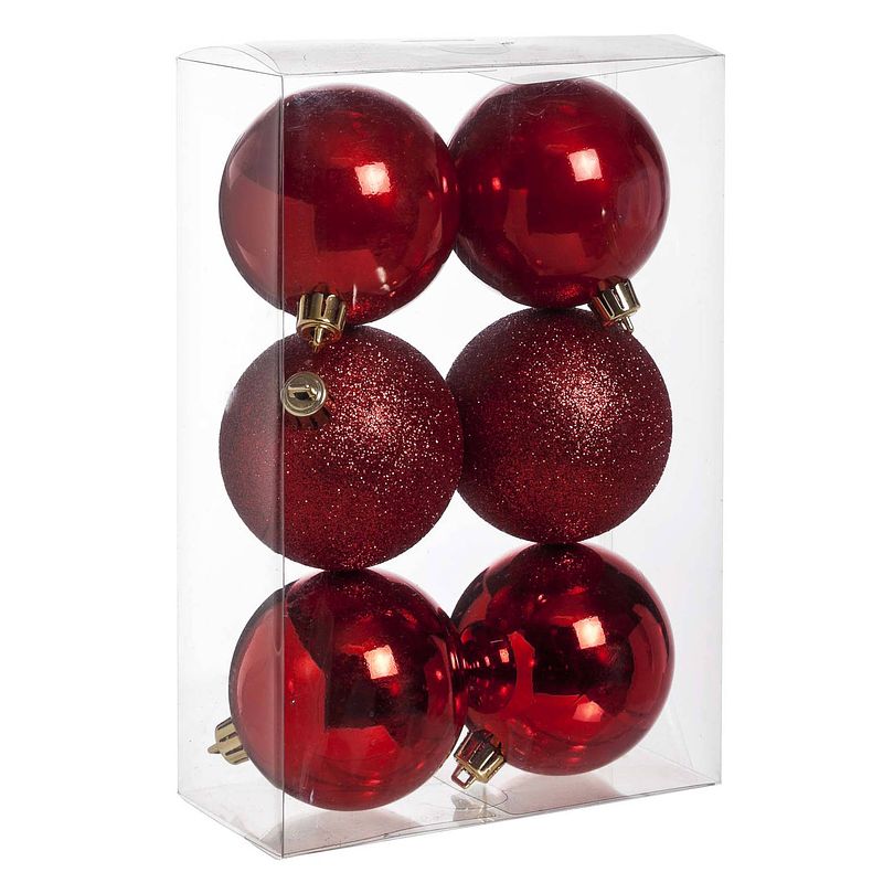 Foto van 6x rode kerstballen 8 cm kunststof mat/glans/glitter - kerstbal