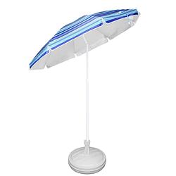 Foto van Blauw gestreepte gekleurde tuin/strand parasol 200 cm met wit voet van 42 cm - parasols