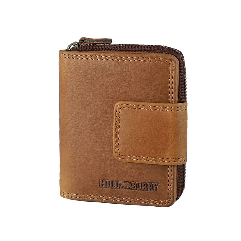 Foto van Hillburry compacte dames portemonnee met clip en rits - leren portefeuille - klein model - rfid - leer - bruin