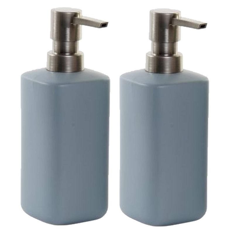 Foto van 2x stuks zeeppompjes/zeepdispensers lichtgrijs polystone 300 ml - zeeppompjes