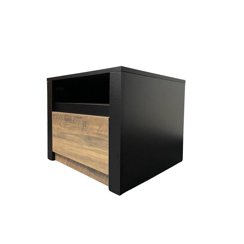 Foto van Nachtkastje nero - modern design - met lade- open vak - zwart/eiken- black/oak- 50 x 46 x 40cm