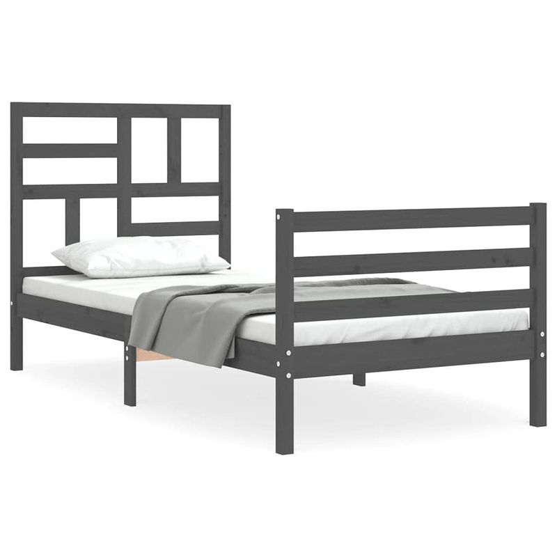 Foto van The living store massief grenenhout bedframe - grijs - 205.5 x 105.5 x 104 cm - multiplex lattenbodem