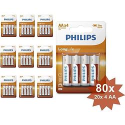 Foto van Philips longlife zinc aa/r6 alkalinebatterij - 80 stuks (20 blisters a 4st)