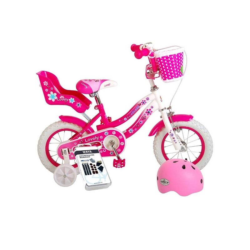 Foto van Volare kinderfiets lovely - 12 inch - roze/wit - met fietshelm & accessoires