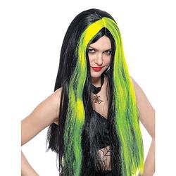 Foto van Funny fashion heksenpruik lang haar - zwart/groen - dames - halloween - verkleedpruiken