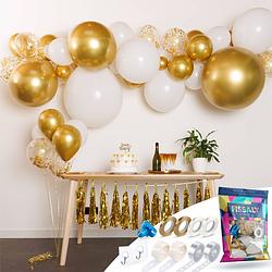 Foto van Fissaly® ballonnenboog wit, goud & papieren gouden confetti ballonnen - ballonboog feest decoratie verjaardag versiering