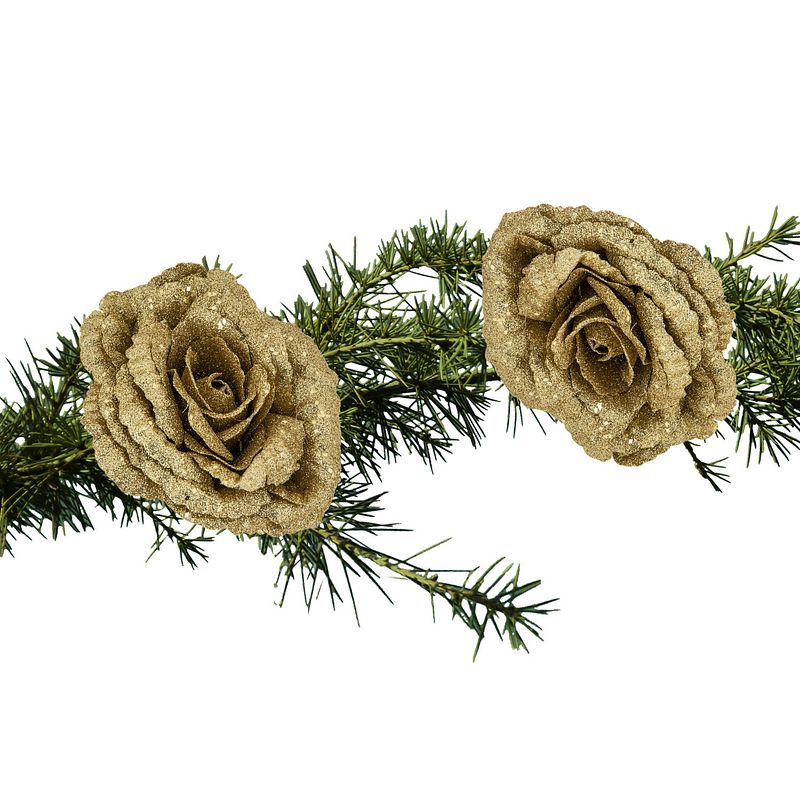 Foto van 2x stuks kerstboom decoratie bloemen roos goud glitter op clip 18 cm - kersthangers