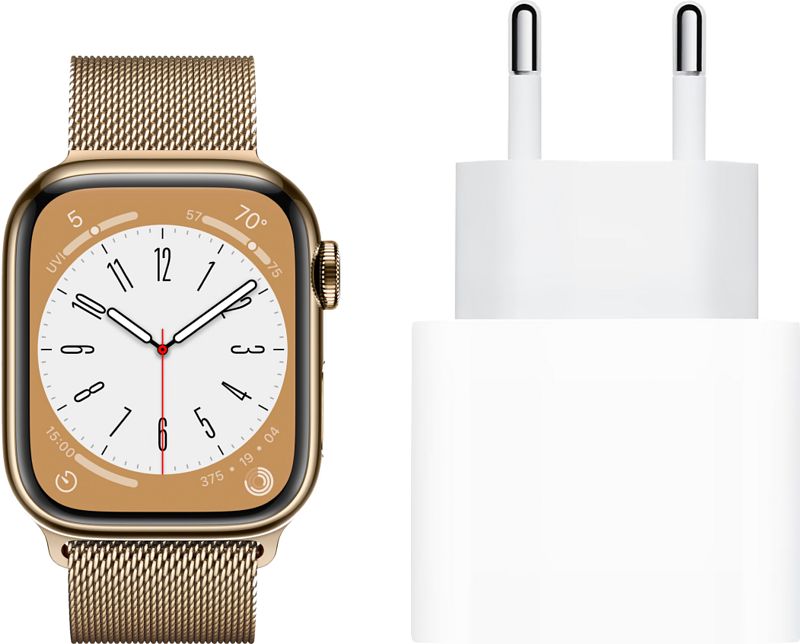 Foto van Apple watch series 8 4g 41mm goud rvs milanese polsband + oplader