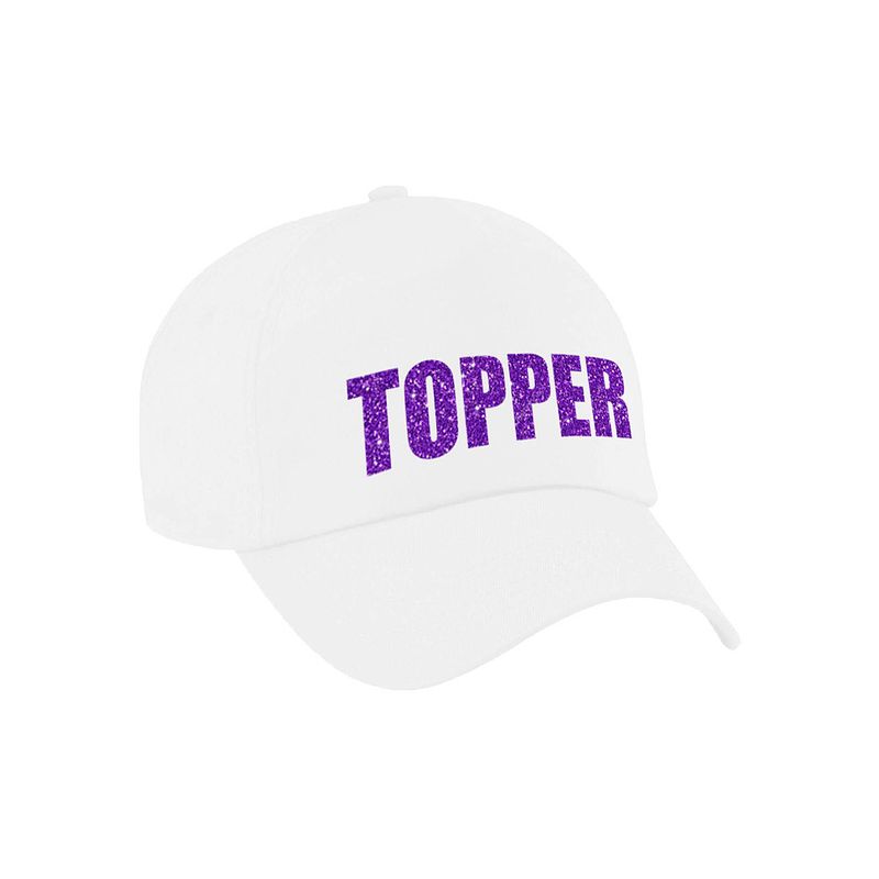 Foto van Paarse glitter letters topper fan / supporter pet/cap wit volwassenen - verkleedhoofddeksels