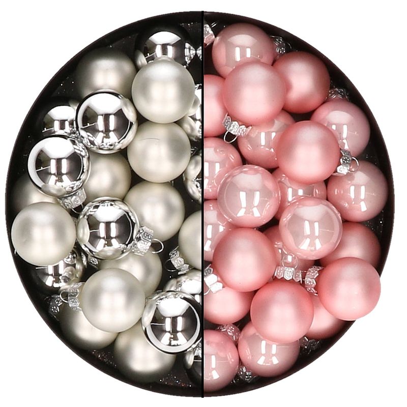 Foto van Mini kerstballen - 48x st - zilver en lichtroze - 2,5 cm - glas - kerstbal