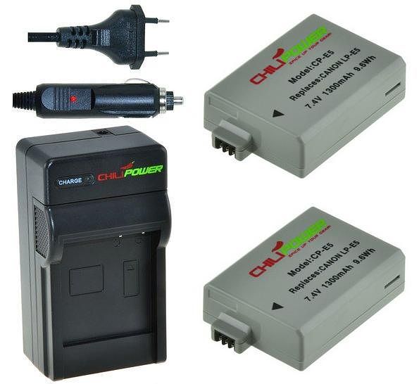 Foto van 2 x lp-e5 accu's voor canon - inclusief oplader en autolader - origineel chilipower