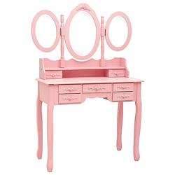 Foto van The living store kaptafel roze - paulowniahout/mdf/glas/spons - 90x40x146cm - met spiegels en 7 lades