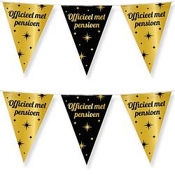Foto van 3x stuks paperdreams vlaggenlijn - luxe pensioen feest/party - 10m - goud/zwart - folie - vlaggenlijnen