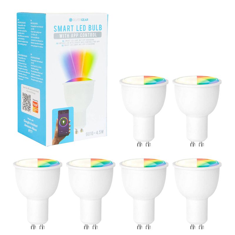 Foto van Silvergear smart wifi led lampen gu10 - 6 stuks - via ios en android app - google home en amazon alexa