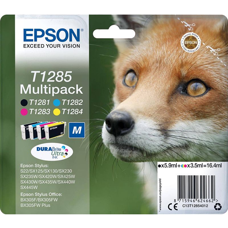 Foto van Epson inktcartridge t1285, 140-225 pagina'ss, oem c13t12854012, 4 kleuren 8 stuks