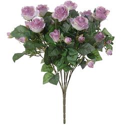 Foto van Louis maes kunstbloemen boeket rozen - lila paars - h50 cm - bloemstuk - bladgroen - kunstbloemen