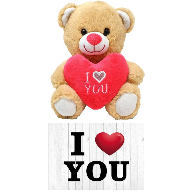 Foto van Licht bruine pluche knuffelbeer 20 cm incl. valentijnskaart i love you - knuffelberen