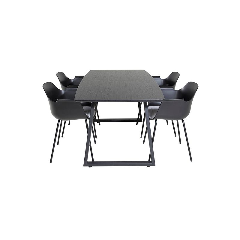 Foto van Incablbl eethoek eetkamertafel uitschuifbare tafel lengte cm 160 / 200 zwart en 4 comfort eetkamerstal zwart.