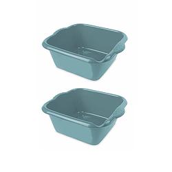 Foto van 2x stuks turquoise blauwe afwasbak/afwasteil vierkant 6 liter 32 cm - afwassen - schoonmaken