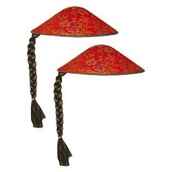 Foto van 2x stuks aziatische/chinese verkleed hoed rood met vlecht - verkleedhoofddeksels