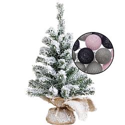 Foto van Mini kerstboom besneeuwd met verlichting - in jute zak - h45 cm - kleur mix grijs - kunstkerstboom