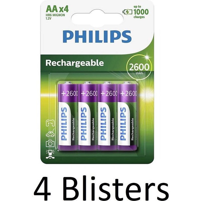 Foto van 16 stuks (4 blisters a 4 st) philips aa oplaadbare batterijen - 2500 mah