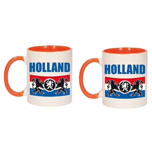 Foto van 2x stuks holland met vlag en leeuw mok/ beker oranje wit 300 ml - feest mokken