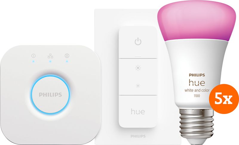 Foto van Philips hue white & colour starter 5-pack e27 + dimmer