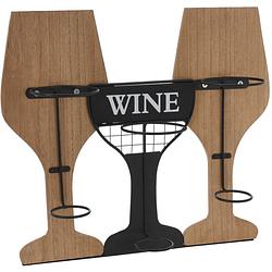 Foto van Metalen/houten wijnflessen rek/wijnrek in de vorm van 2 wijnglazen voor 3 flessen 35 x 15 x 31 cm - wijnrekken