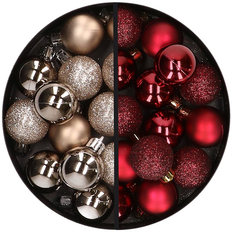 Foto van 34x stuks kunststof kerstballen champagne en donkerrood 3 cm - kerstbal